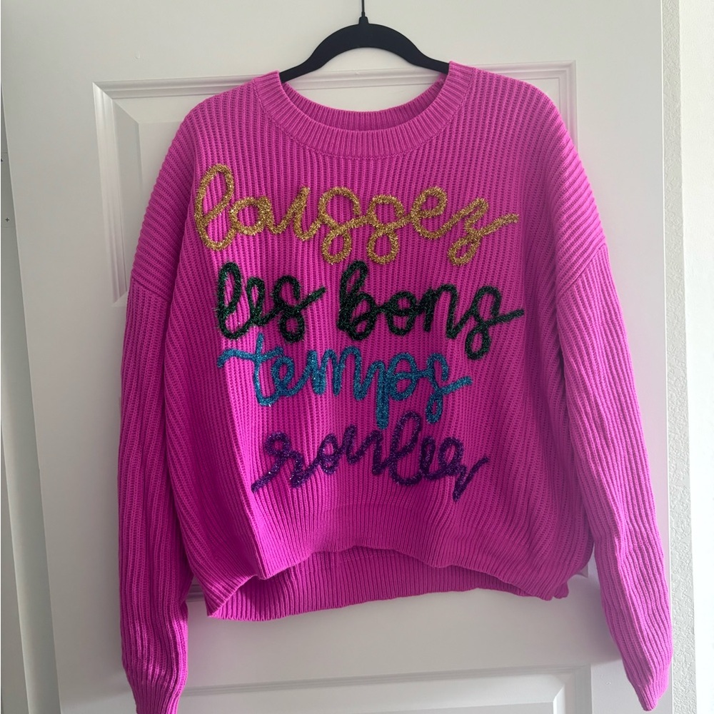 QOS Queen of Sparkles Pink MARDI Gras Sweater Brand New